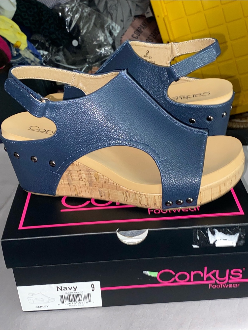 NEW Corkys Navy Carley Wo 9 Cork Wedge Slingback Sandals stud  accents  3” heel